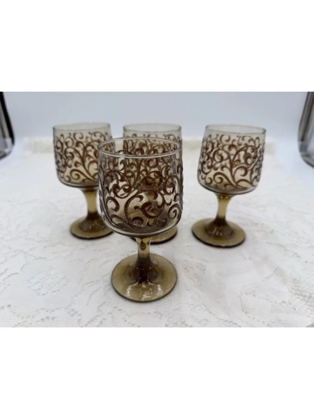 Vintage Amber Glass Goblets With Brown Swirl Design - Set Of 4 5.5